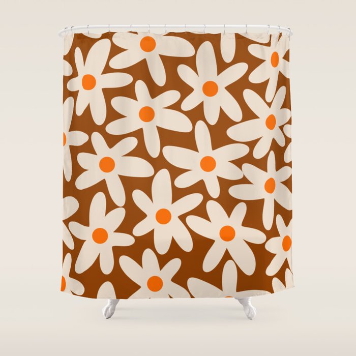 Daisy Time Retro Floral Pattern Brown Orange Beige Shower Curtain