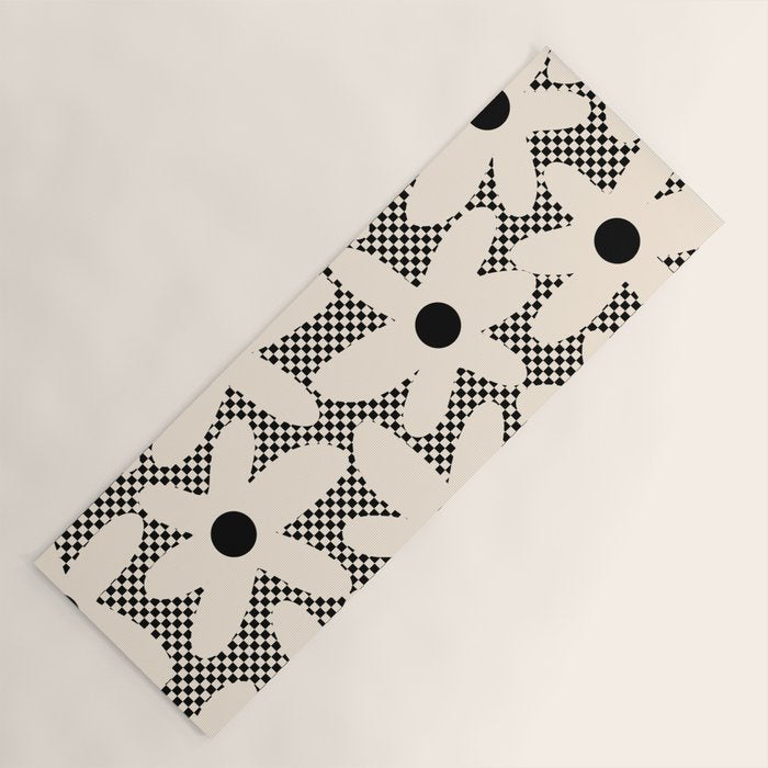 Daisy Time Retro Floral Checks And Dots Pattern In Black And Almond Cream Yoga Mat