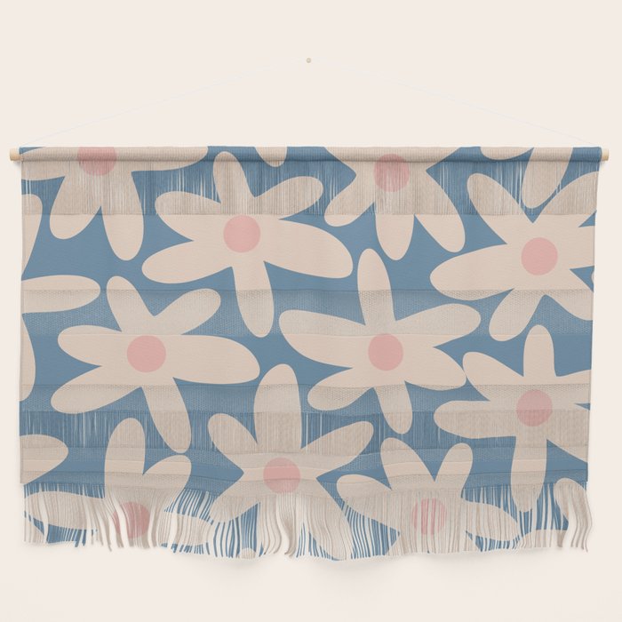 Daisy Time Retro Floral Pattern In Medium Blue And Pale Blush Wall Hanging