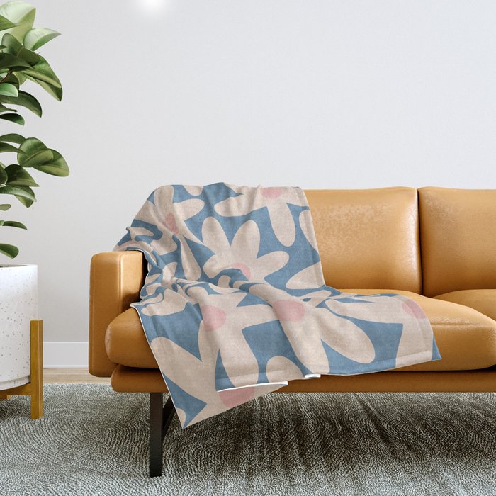 Daisy Time Retro Floral Pattern In Medium Blue And Pale Blush Throw Blanket