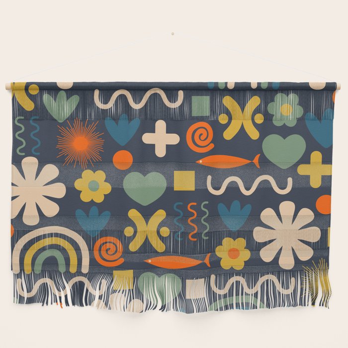 Cute Miscellany Rainbow Floral Pattern Blue Orange Green Mustard Wall Hanging