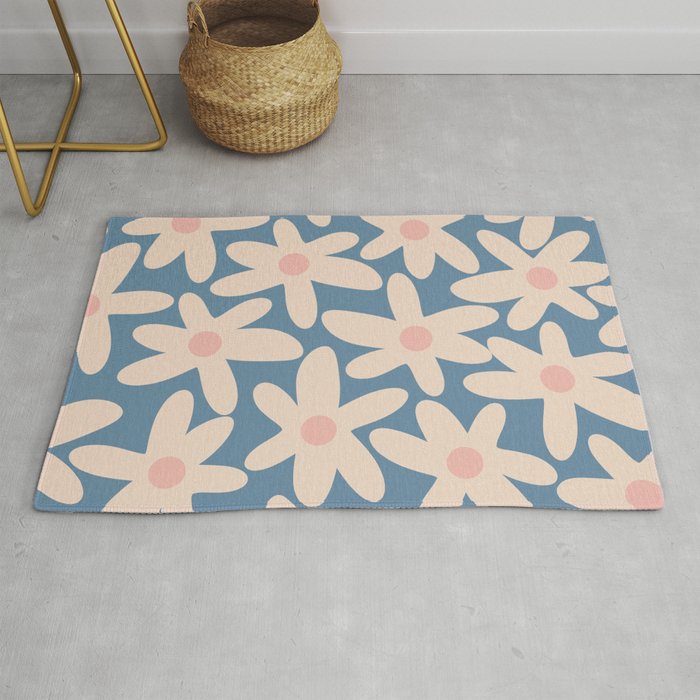 Daisy Time Retro Floral Pattern In Medium Blue And Pale Blush Rug