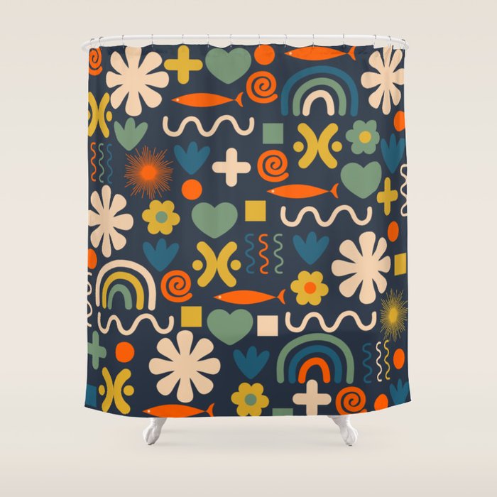 Cute Miscellany Rainbow Floral Pattern Blue Orange Green Mustard Shower Curtain