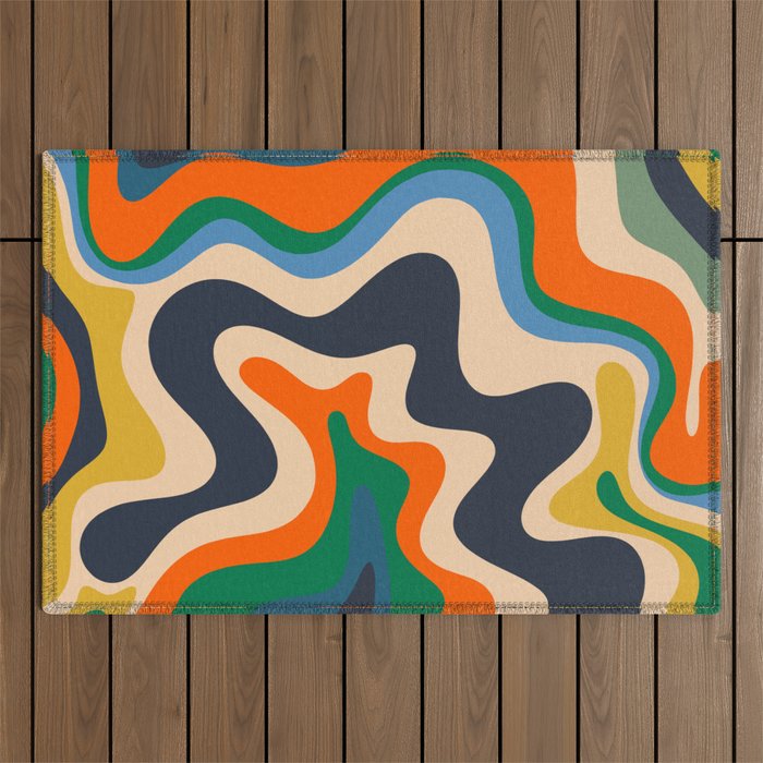 Retro Liquid Swirl Abstract Pattern Blue Beige Orange Mustard Green Outdoor Rug