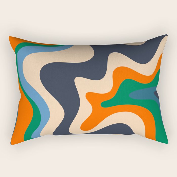 Retro Liquid Swirl Abstract Pattern Blue Beige Orange Mustard Green Rectangular Pillow