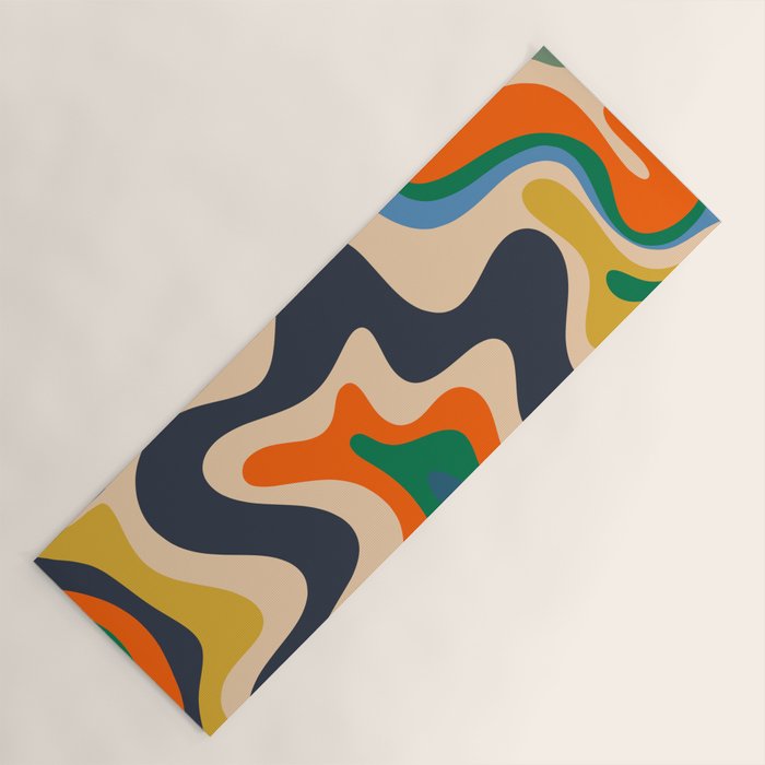 Retro Liquid Swirl Abstract Pattern Blue Beige Orange Mustard Green Yoga Mat