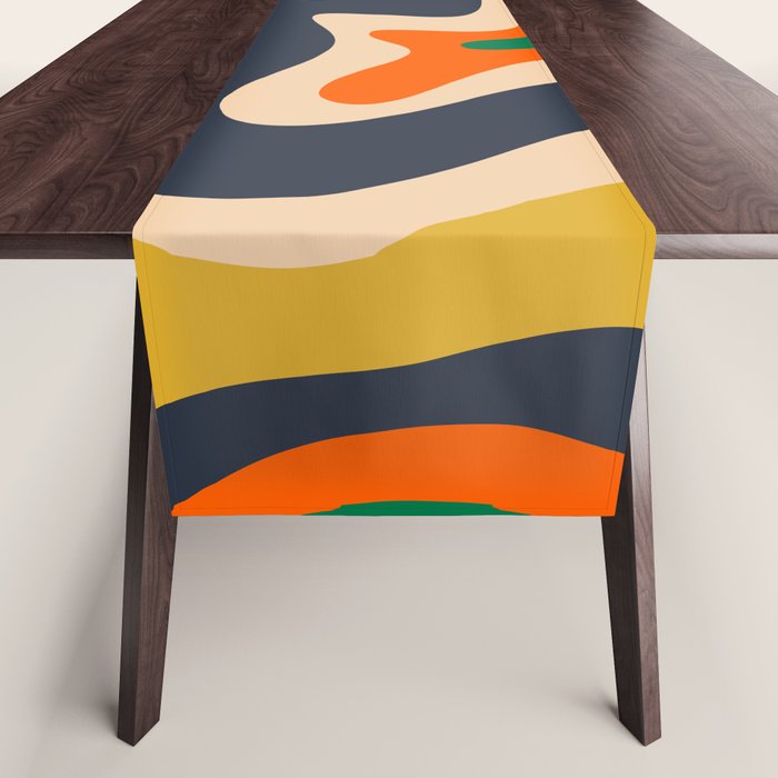 Retro Liquid Swirl Abstract Pattern Blue Beige Orange Mustard Green Table Runner