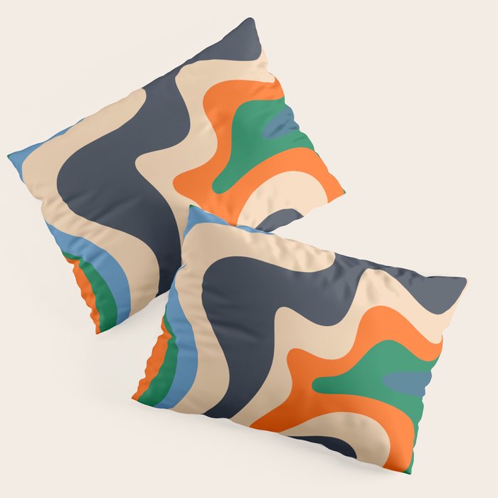 Retro Liquid Swirl Abstract Pattern Blue Beige Orange Mustard Green Pillow Sham