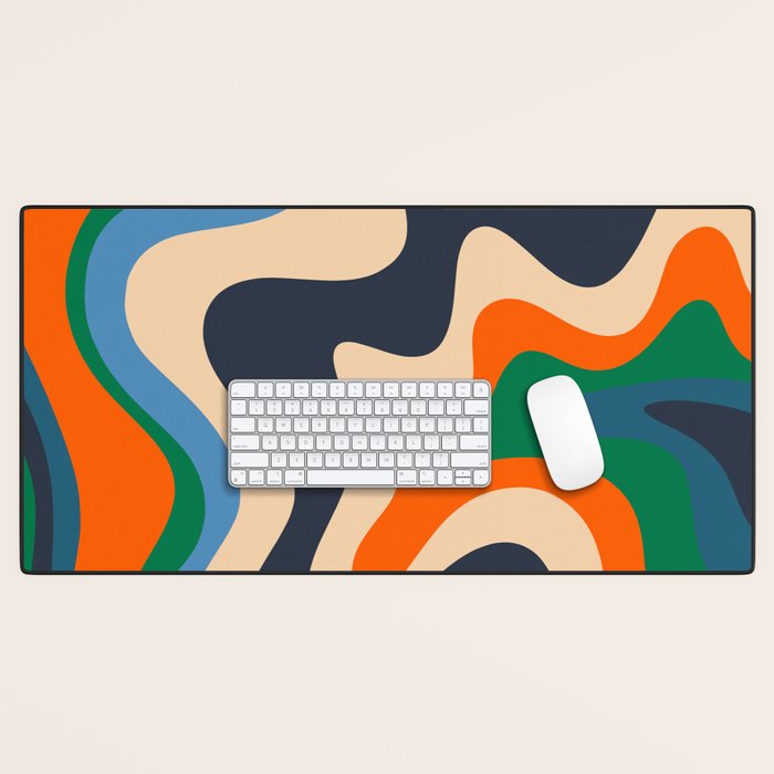 Retro Liquid Swirl Abstract Pattern Blue Beige Orange Mustard Green Desk Mat