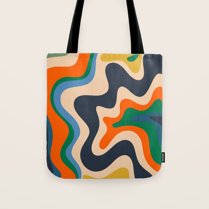 Retro Liquid Swirl Abstract Pattern Blue Beige Orange Mustard Green Tote Bag