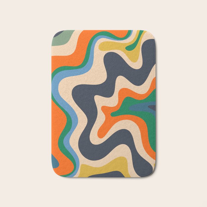Retro Liquid Swirl Abstract Pattern Blue Beige Orange Mustard Green Bath Mat