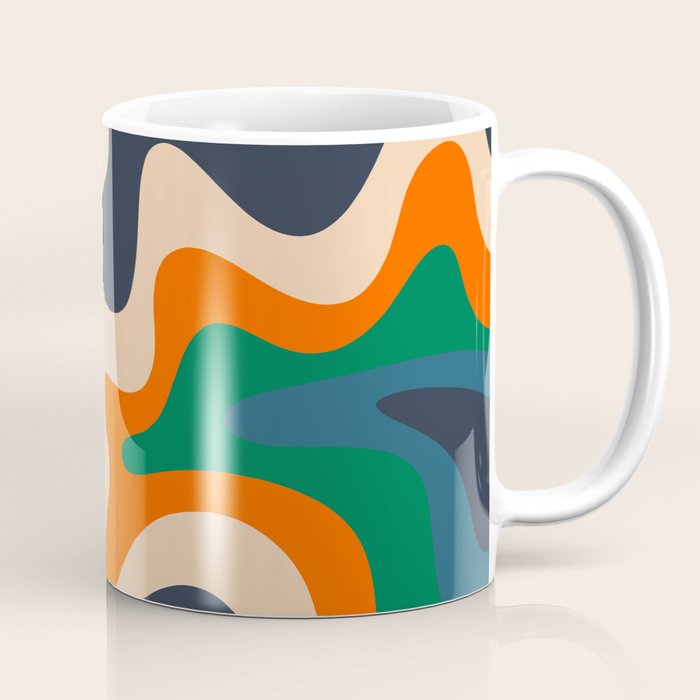 Retro Liquid Swirl Abstract Pattern Blue Beige Orange Mustard Green Coffee Mug