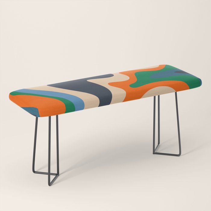 Retro Liquid Swirl Abstract Pattern Blue Beige Orange Mustard Green Bench