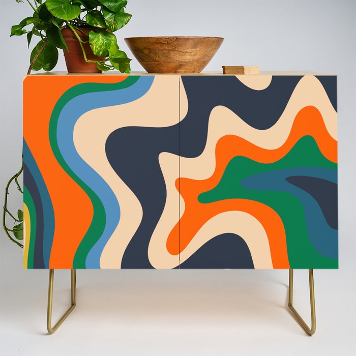 Retro Liquid Swirl Abstract Pattern Blue Beige Orange Mustard Green Credenza