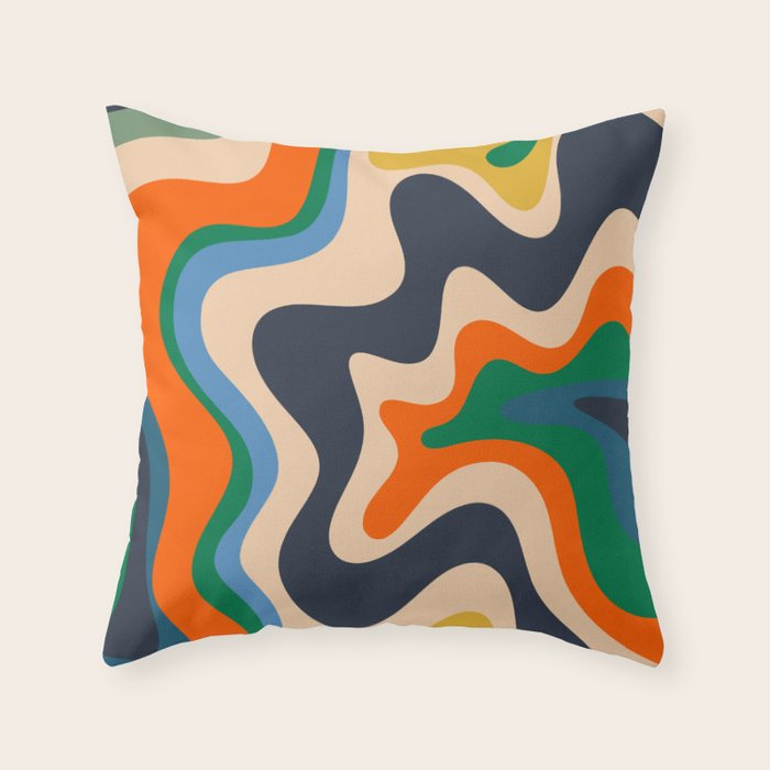 Retro Liquid Swirl Abstract Pattern Blue Beige Orange Mustard Green Throw Pillow