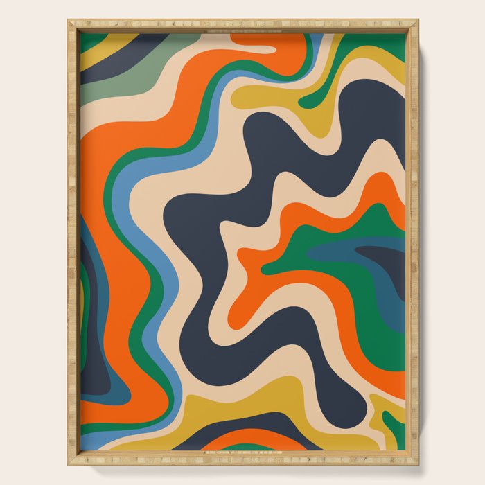 Retro Liquid Swirl Abstract Pattern Blue Beige Orange Mustard Green Serving Tray
