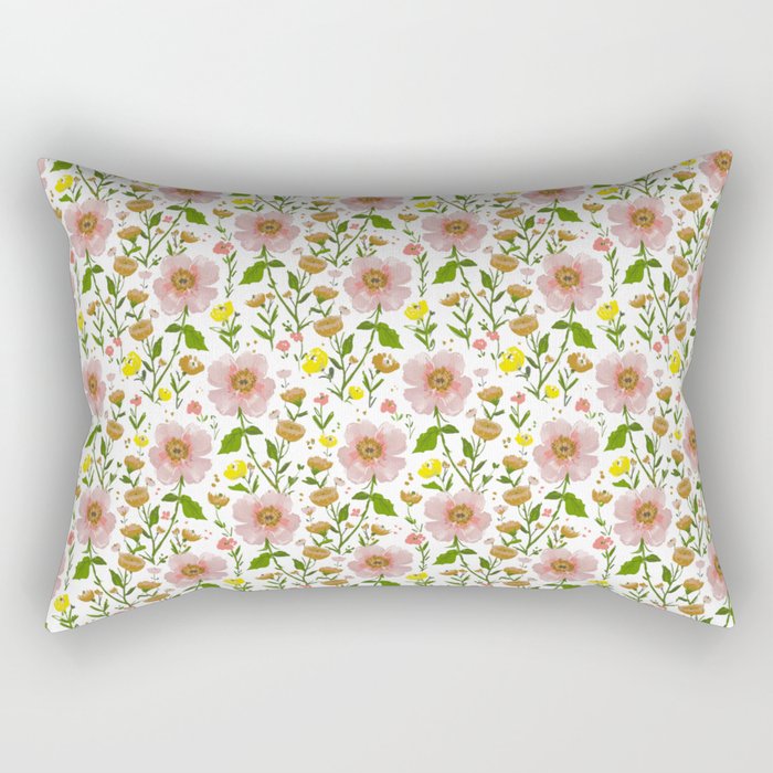 Summer Floral - Pink & Yellow Rectangular Pillow