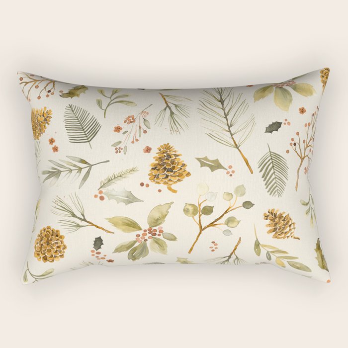 Christmas Holiday Botanical Pinecones And Holly Ecru Gold Rectangular Pillow