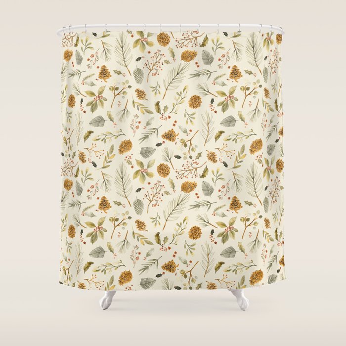 Christmas Holiday Botanical Pinecones And Holly Ecru Gold Shower Curtain