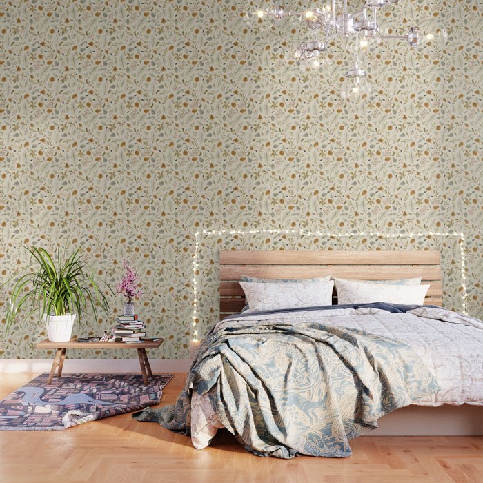 Christmas Holiday Botanical Pinecones And Holly Ecru Gold Wallpaper