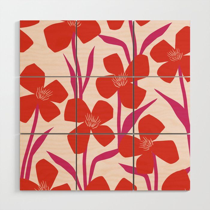 Red And Pink Floral Pattern Wood Wall Art