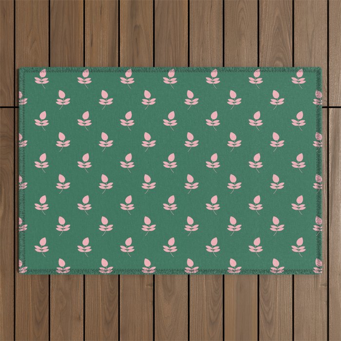 Retro Pink Leaf Pattern - Green Background Outdoor Rug