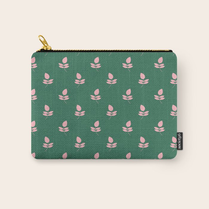 Retro Pink Leaf Pattern - Green Background Carry All Pouch