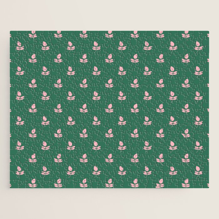 Retro Pink Leaf Pattern - Green Background Jigsaw Puzzle