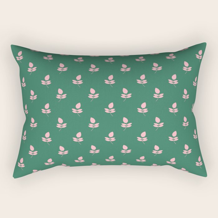 Retro Pink Leaf Pattern - Green Background Rectangular Pillow