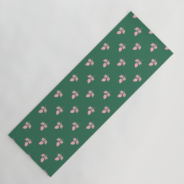 Retro Pink Leaf Pattern - Green Background Yoga Mat