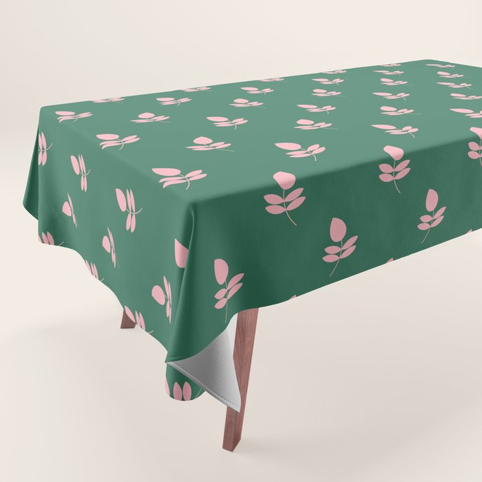 Retro Pink Leaf Pattern - Green Background Tablecloth