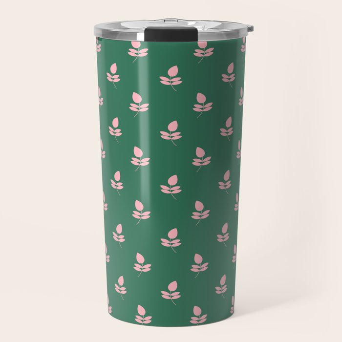 Retro Pink Leaf Pattern - Green Background Travel Mug