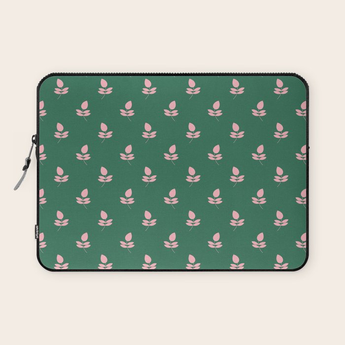 Retro Pink Leaf Pattern - Green Background Laptop Sleeve