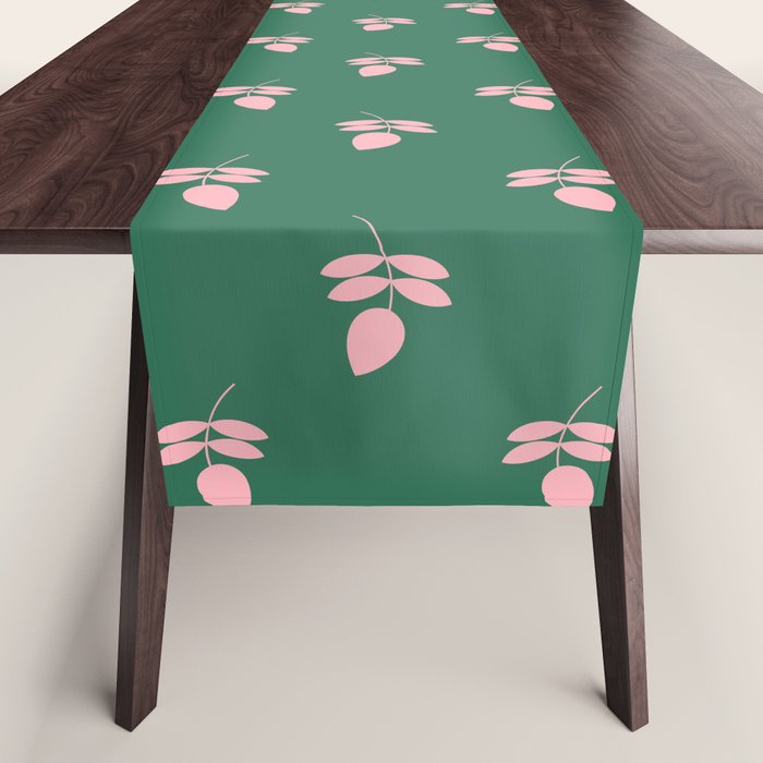 Retro Pink Leaf Pattern - Green Background Table Runner