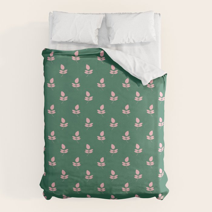 Retro Pink Leaf Pattern - Green Background Duvet Cover
