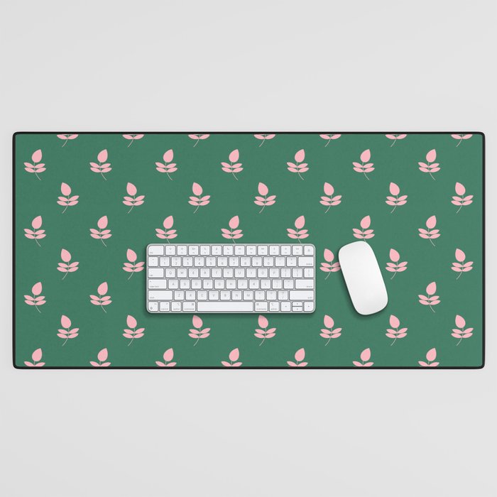 Retro Pink Leaf Pattern - Green Background Desk Mat
