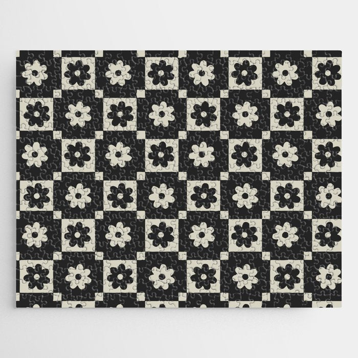 Checkered Daisy - Black Ink Jigsaw Puzzle