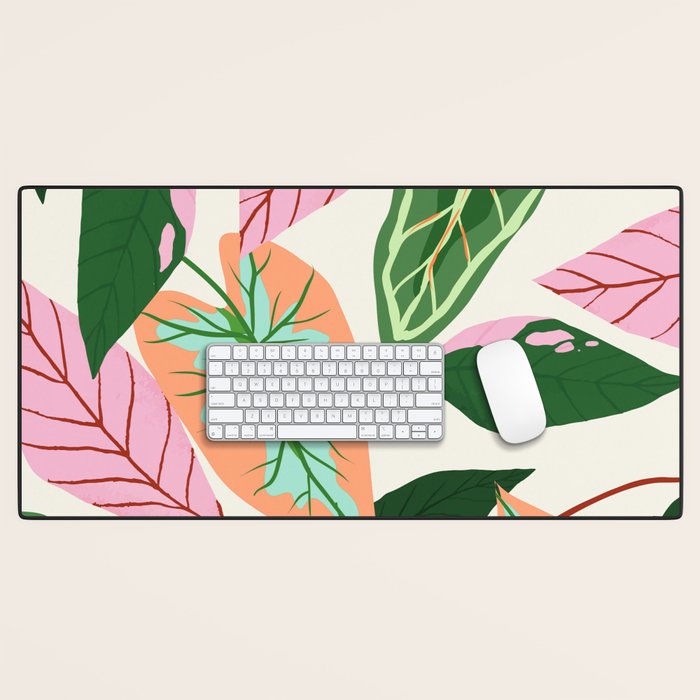 The Inseparable V.01, Nature Botanical Plants, Blush Leaves Modern Boho, Pastel Illustration Garden Desk Mat