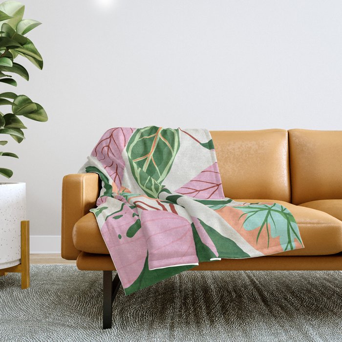 The Inseparable V.01, Nature Botanical Plants, Blush Leaves Modern Boho, Pastel Illustration Garden Throw Blanket