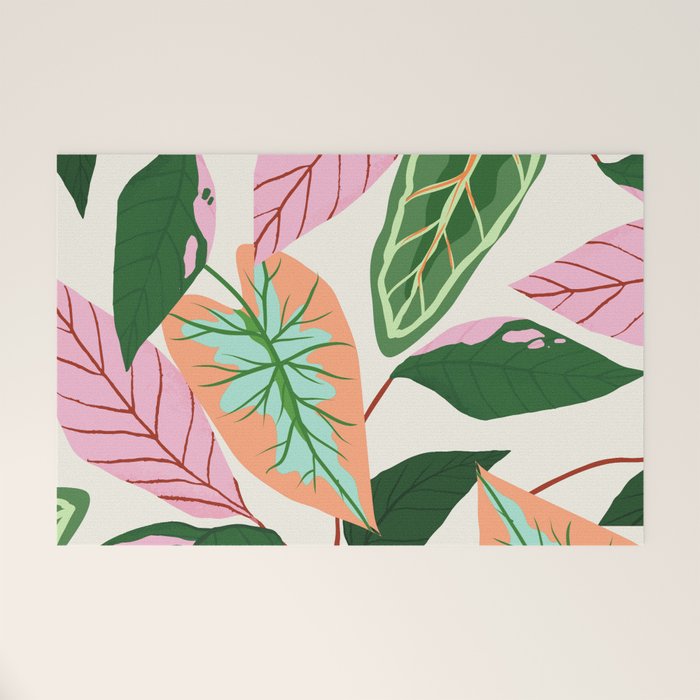 The Inseparable V.01, Nature Botanical Plants, Blush Leaves Modern Boho, Pastel Illustration Garden Welcome Mat
