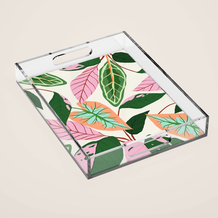 The Inseparable V.01, Nature Botanical Plants, Blush Leaves Modern Boho, Pastel Illustration Garden Acrylic Tray