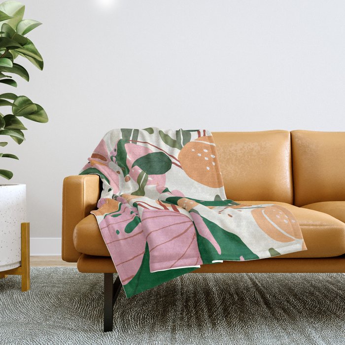 The Peach Garden , Vintage Botanical Tropical Jungle, Fruits Plants Pastel Summer Forest Throw Blanket