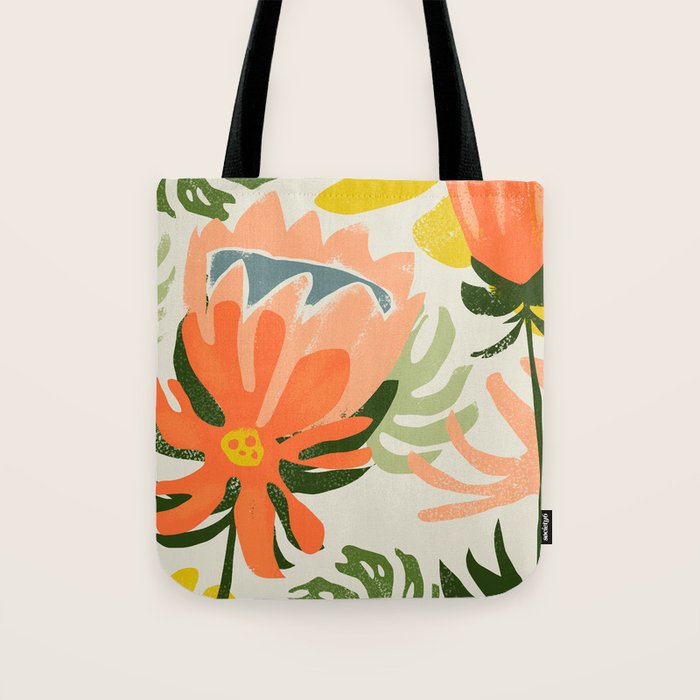 Flowers & Rain, Summer Floral Nature Botanical Painting, Modern Colorful Bohemian Illustration Tote Bag