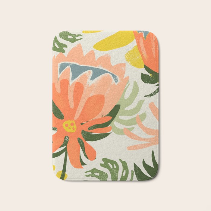 Flowers & Rain, Summer Floral Nature Botanical Painting, Modern Colorful Bohemian Illustration Bath Mat