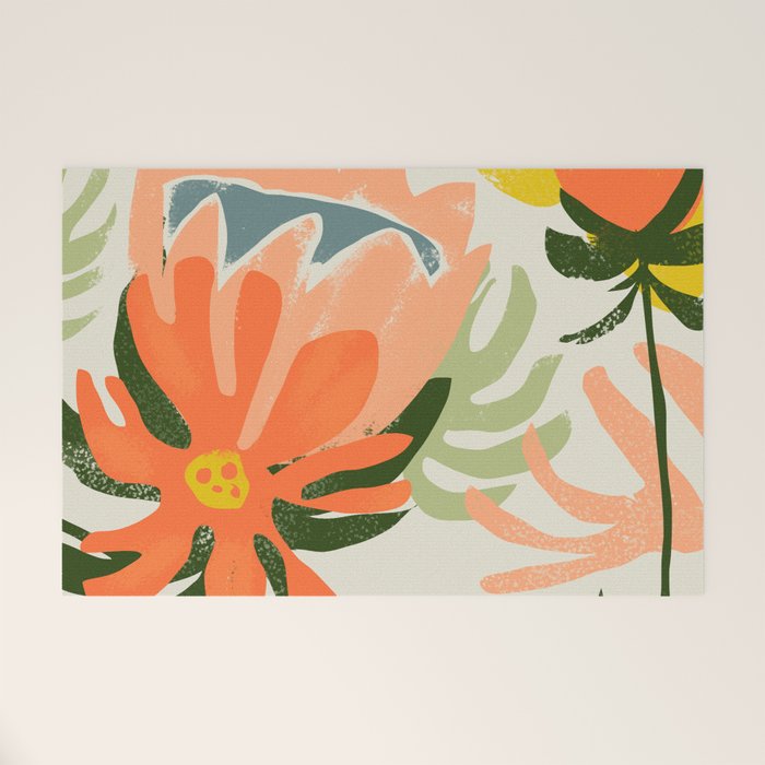 Flowers & Rain, Summer Floral Nature Botanical Painting, Modern Colorful Bohemian Illustration Welcome Mat