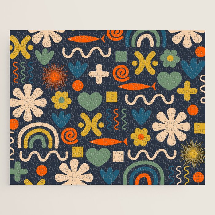 Cute Miscellany Rainbow Floral Pattern Blue Orange Green Mustard Jigsaw Puzzle