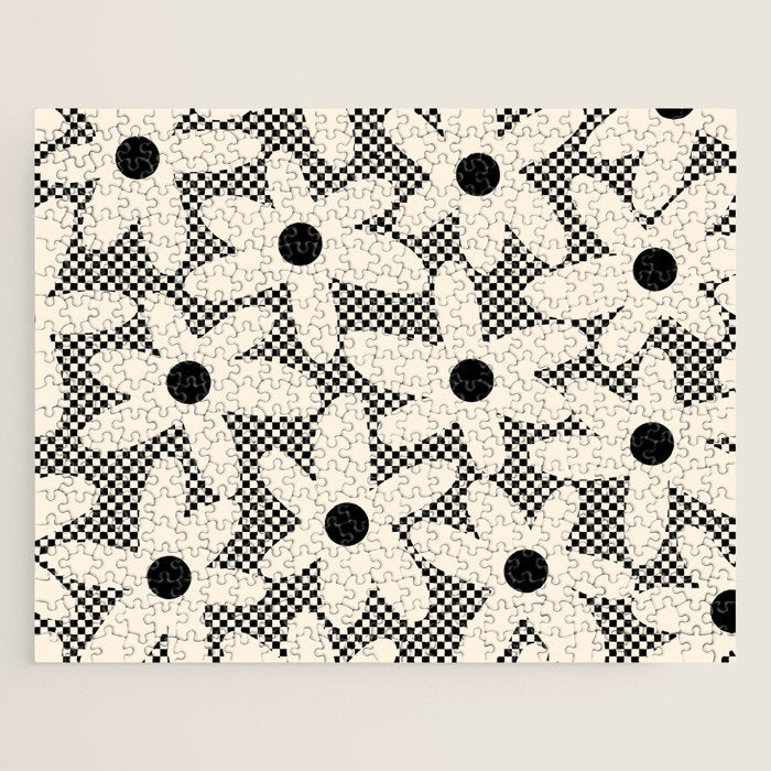 Daisy Time Retro Floral Checks And Dots Pattern In Black And Almond Cream Jigsaw Puzzle