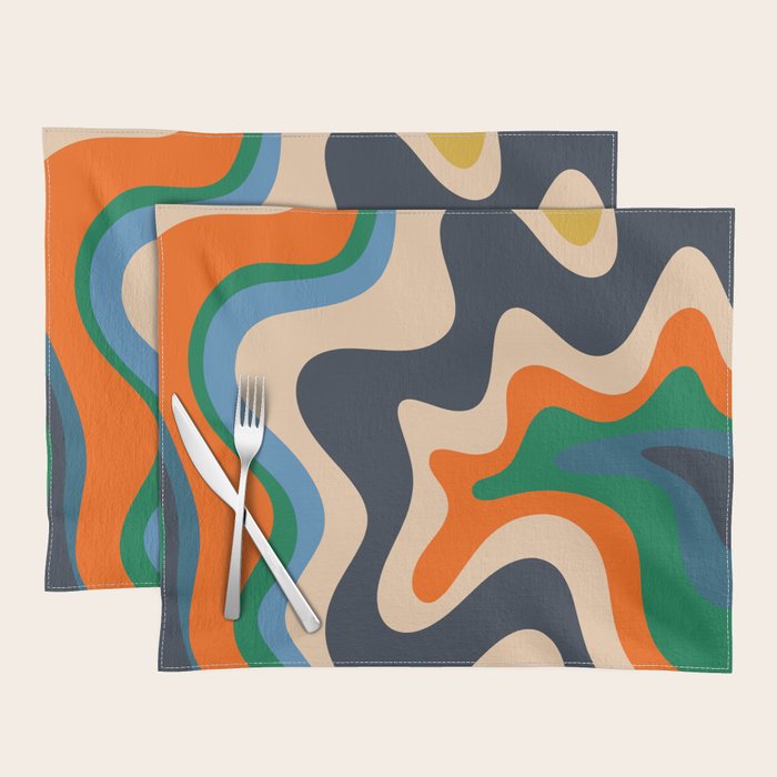 Retro Liquid Swirl Abstract Pattern Blue Beige Orange Mustard Green Placemat
