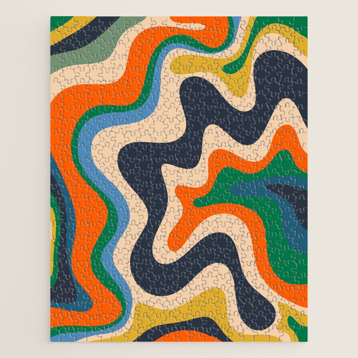 Retro Liquid Swirl Abstract Pattern Blue Beige Orange Mustard Green Jigsaw Puzzle