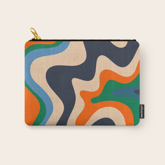 Retro Liquid Swirl Abstract Pattern Blue Beige Orange Mustard Green Carry All Pouch